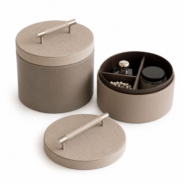 TR0264/5,TR0264/4 Luxury Round Leather Storage Box with Leather Wrapped Handle